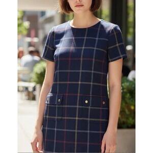 J. Crew Navy Windowpane Plaid Shift Dress Snap Flap Pockets Zipper Sz 14
